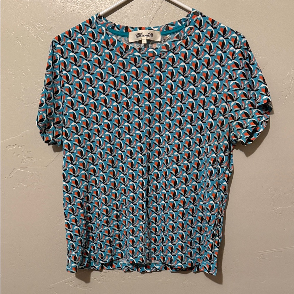 Diane Von Furstenberg Teal Patterned Short Sleeve Top Large